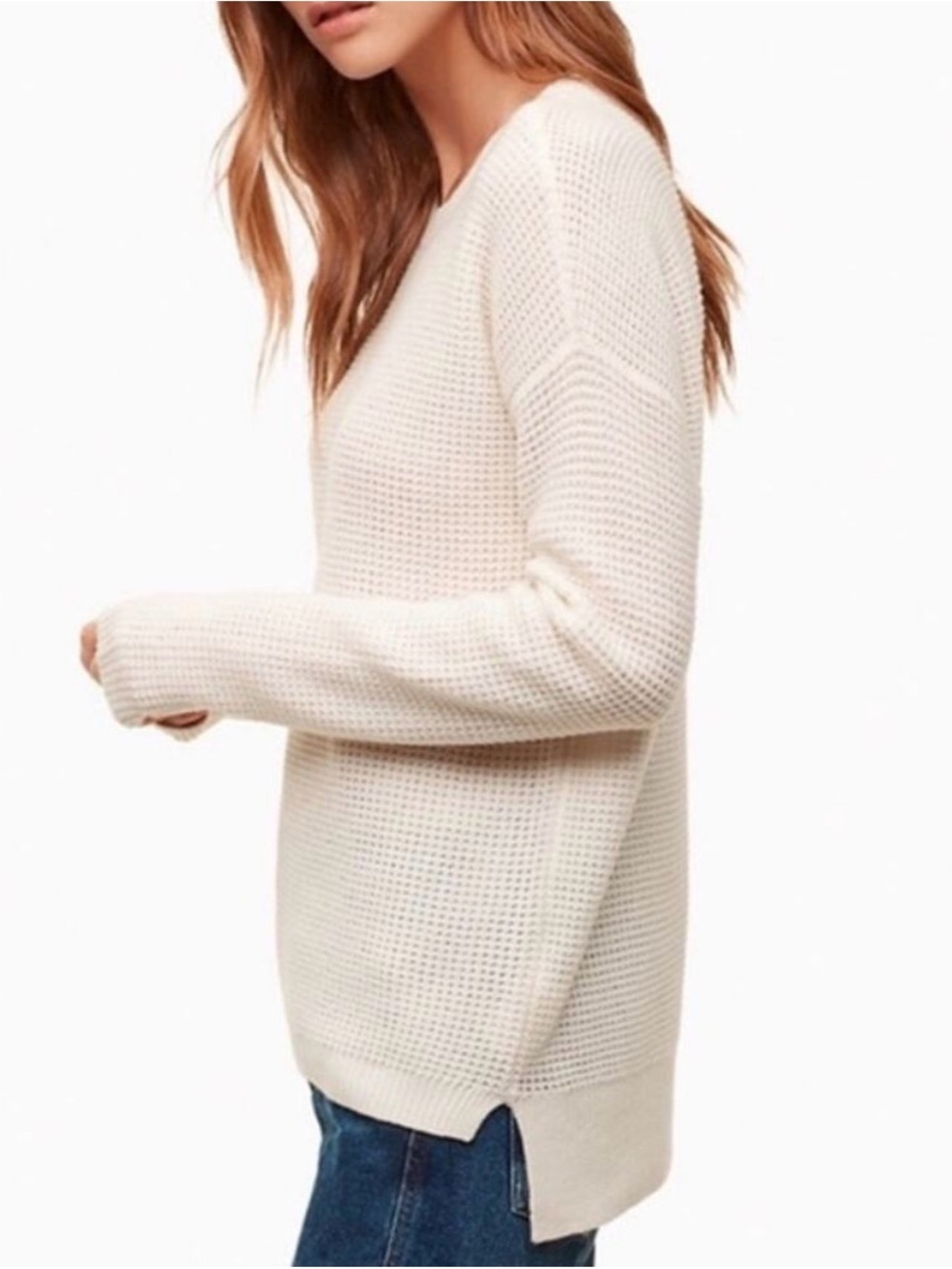 Aritzia Wilfred 100% Merino Wool Isabelli Crew Neck Sweater Waffle Knit Pullover